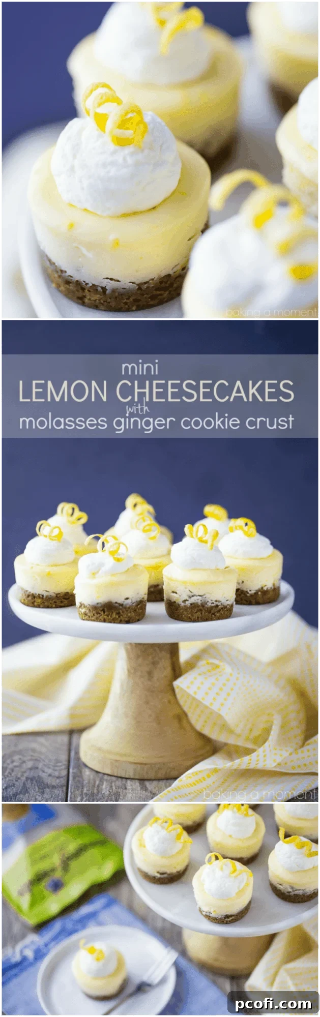 Hidden image for Pinterest or social sharing: A beautiful spread of Mini Lemon Cheesecakes with ginger cookie crusts, garnished with whipped cream and lemon zest. Gluten-free and perfect for parties.