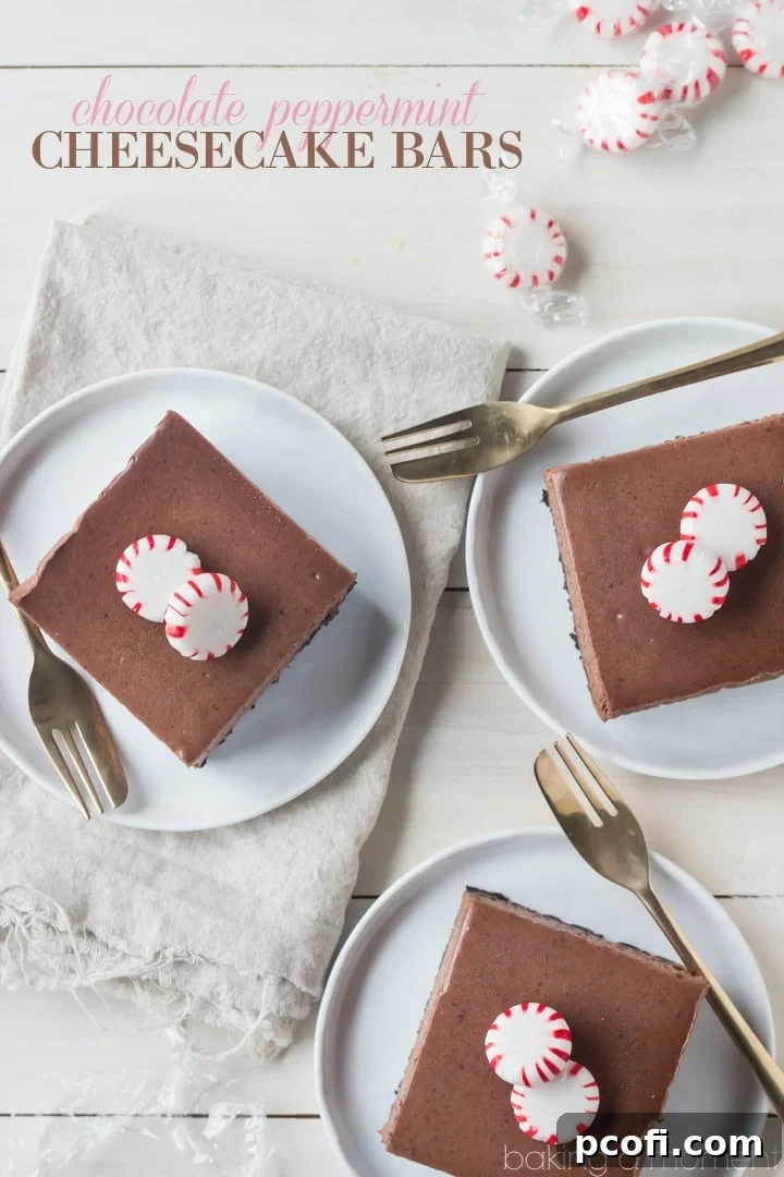 Close-up of creamy chocolate cheesecake bars with a hint of peppermint, a holiday hit.