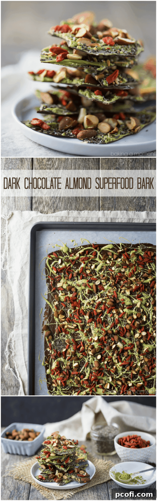 A beautifully arranged serving of broken Dark Chocolate Almond Superfood Bark pieces, highlighting the texture and various toppings like almonds, goji berries, and matcha swirl.