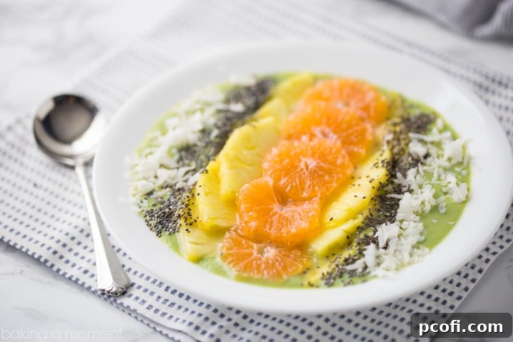 A close-up of the green smoothie base before toppings are added, showing its creamy texture.