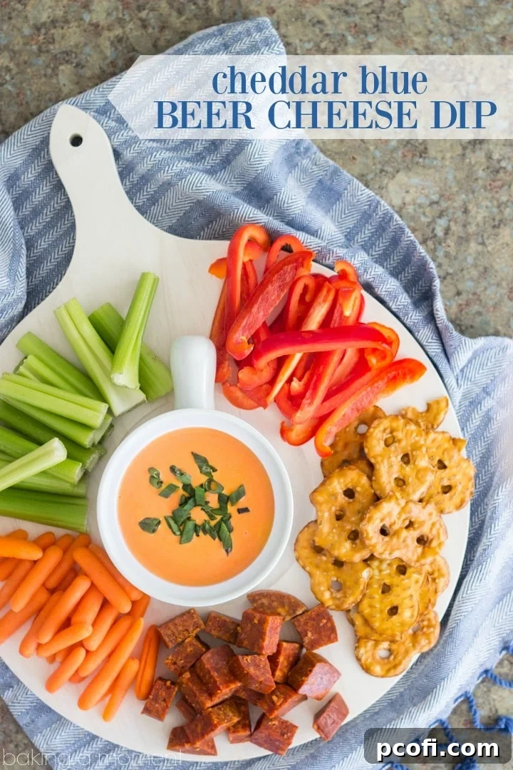 Close-up of creamy Cheddar-Blue Beer Cheese Dip with pretzels and crackers, ideal party food