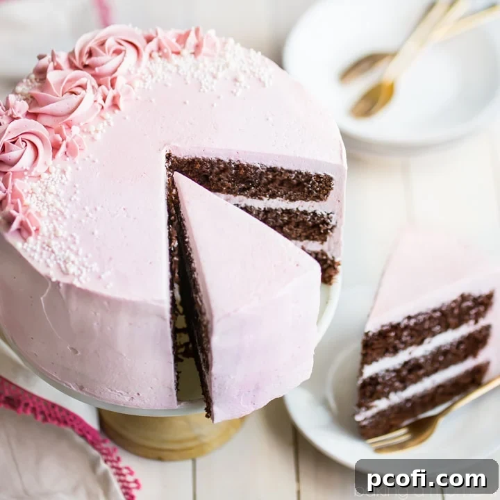 Rich, moist chocolate cake layers generously frosted with vibrant raspberry Swiss meringue buttercream, perfect for any celebration.