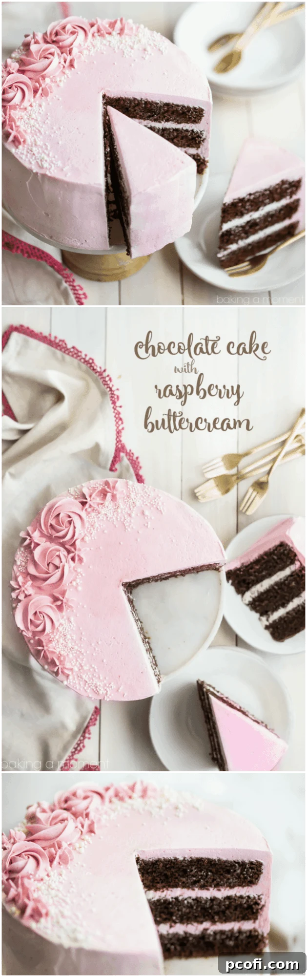 Deliciously moist chocolate cake with fresh raspberry Swiss meringue buttercream, perfect for celebrating.