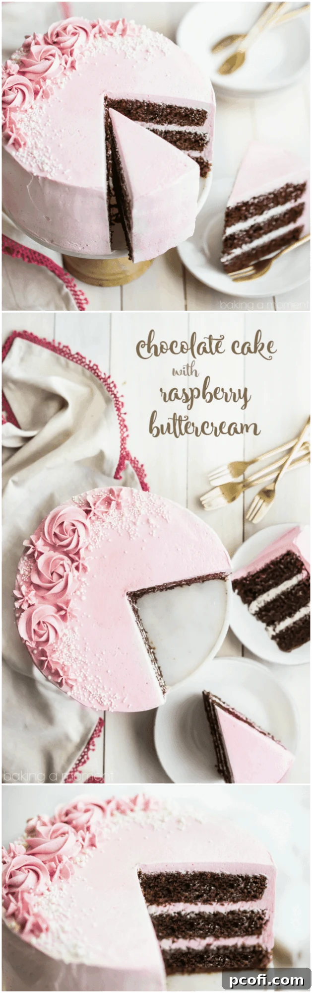 Party-perfect chocolate cake with smooth raspberry buttercream, an ideal dessert for special occasions.