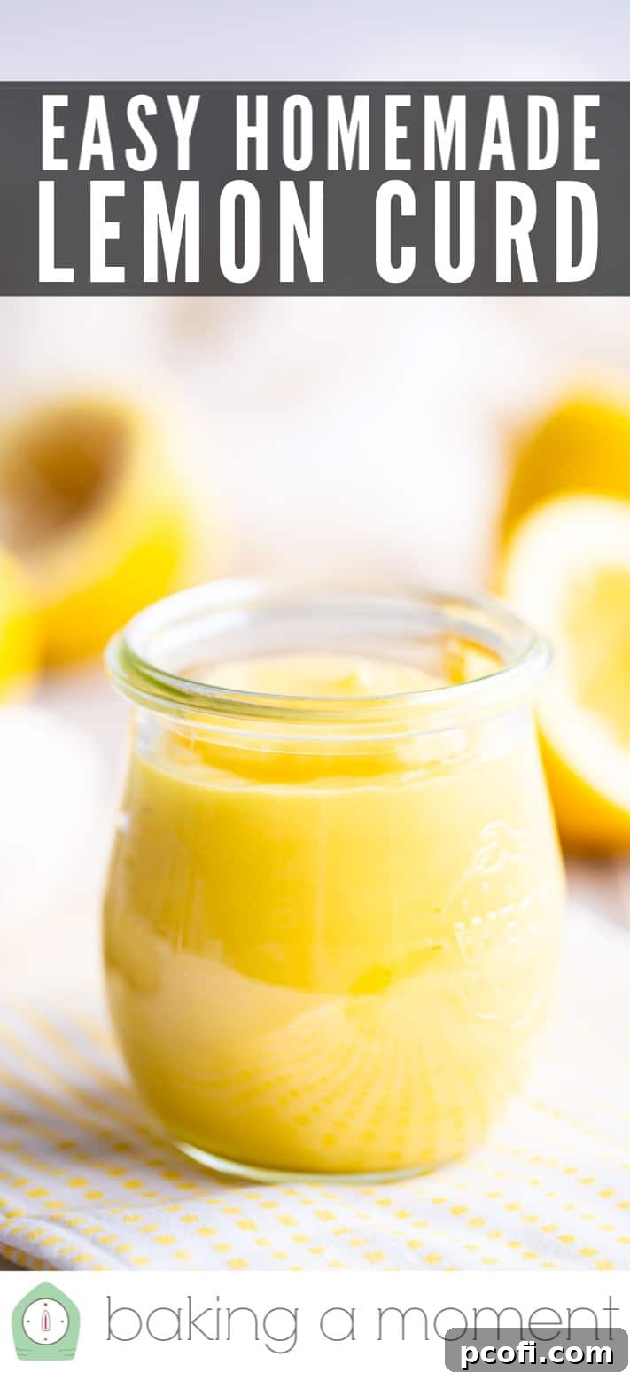 Lemon curd in a glass jar with a text overlay above that reads "Easy Homemade Lemon Curd."