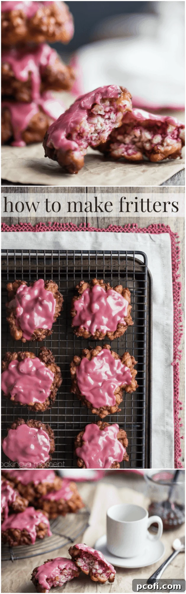 How to make fritters: I used raspberry jam in the dough and the glaze and they were amazing! Stack of glazed raspberry fritters.
