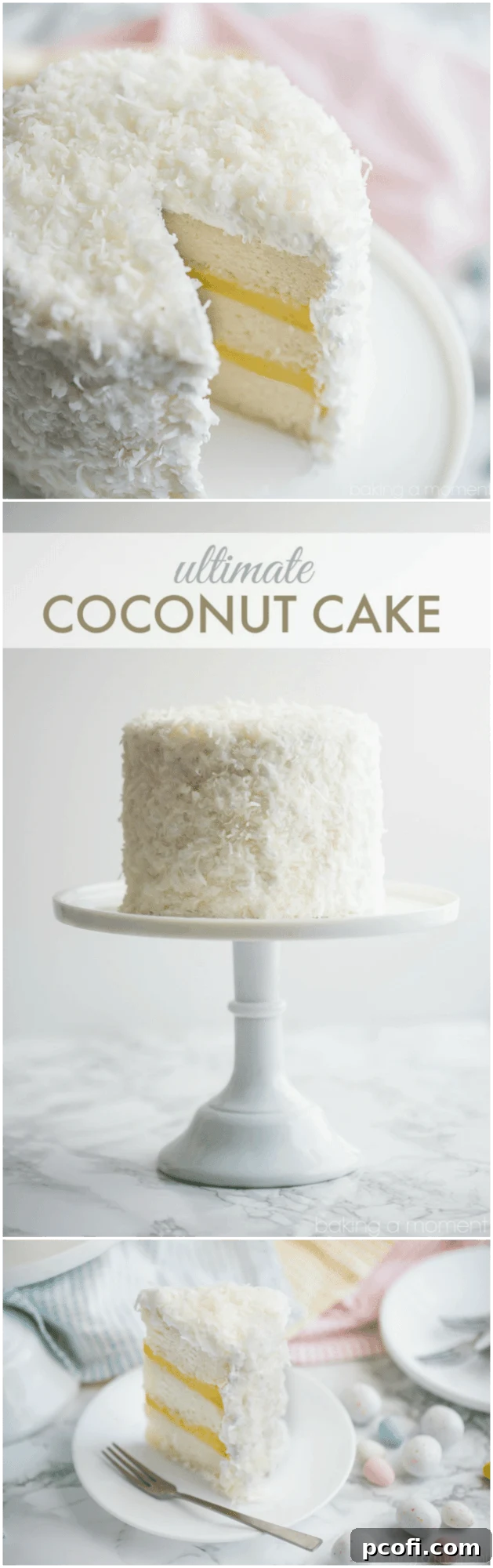 Best coconut cake ever! So much coconut flavor in every component, and it's completely dairy-free! A beautifully sliced piece shows the moist interior.
