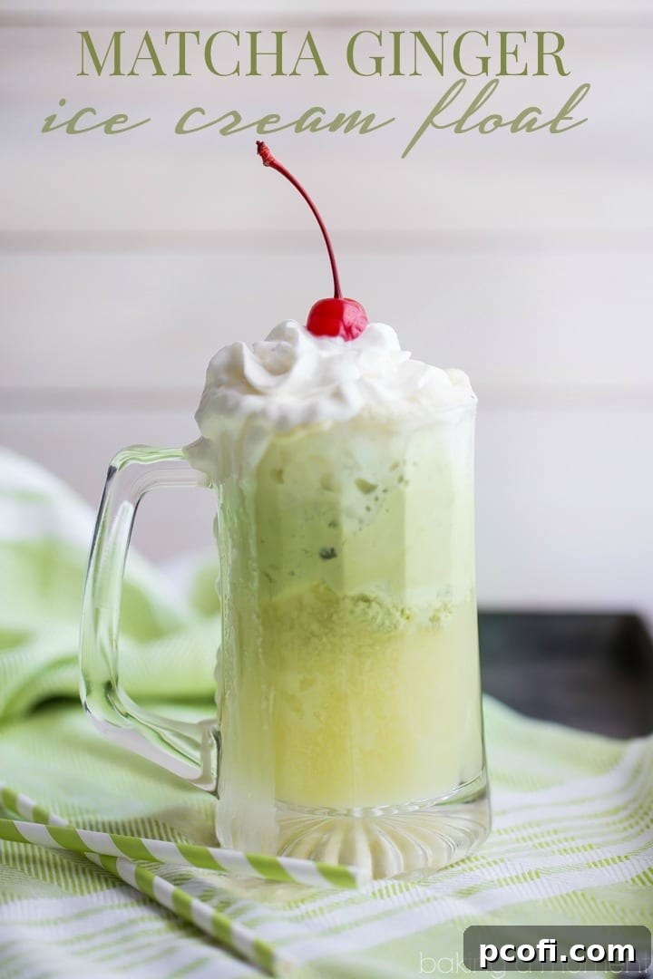 Close-up of a Matcha Ginger Ice Cream Float, showcasing the rich green color