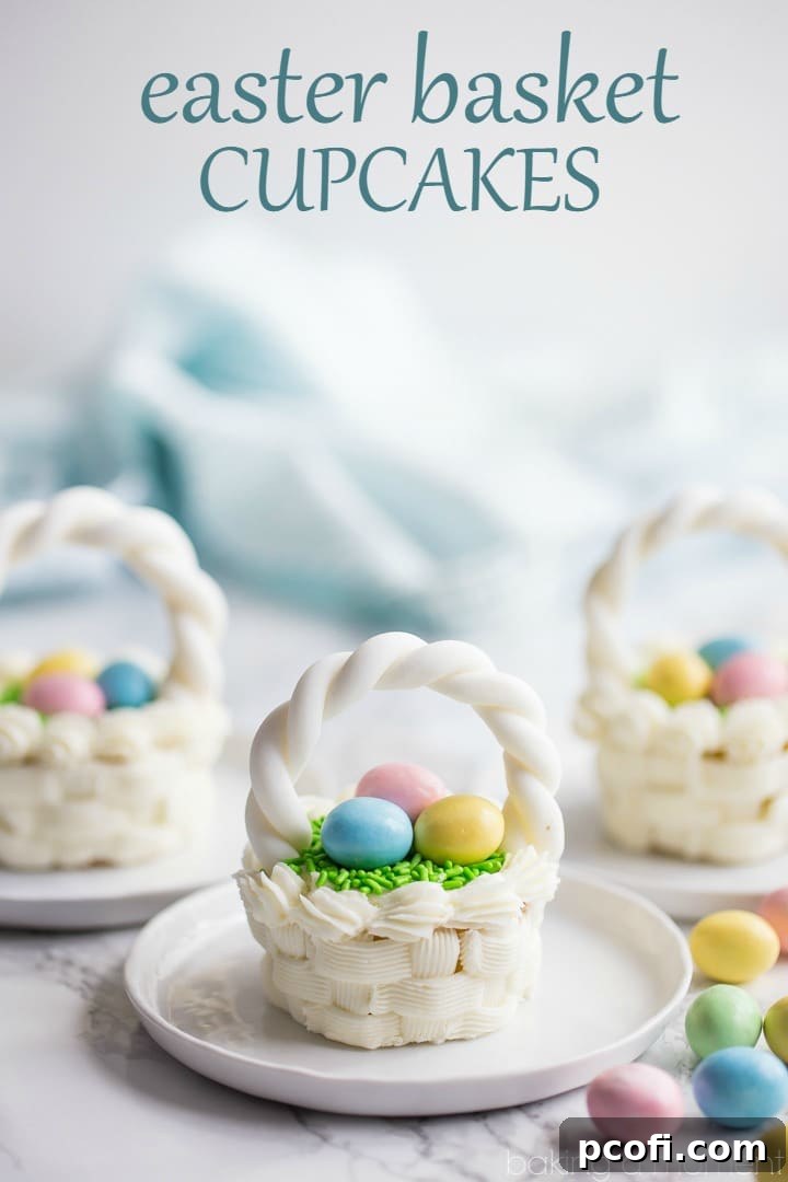 Close-up of Easter Basket Cupcakes showcasing the delicate basketweave frosting and colorful candy eggs.