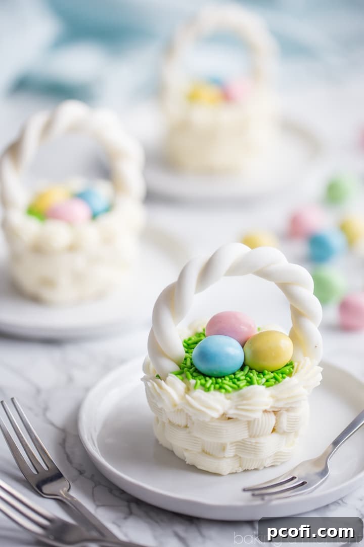 Side view of an Easter Basket Cupcake, highlighting the textured frosting and edible decorations.