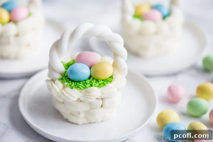 Detailed shot of basketweave frosting being piped onto an Easter cupcake, demonstrating the technique.