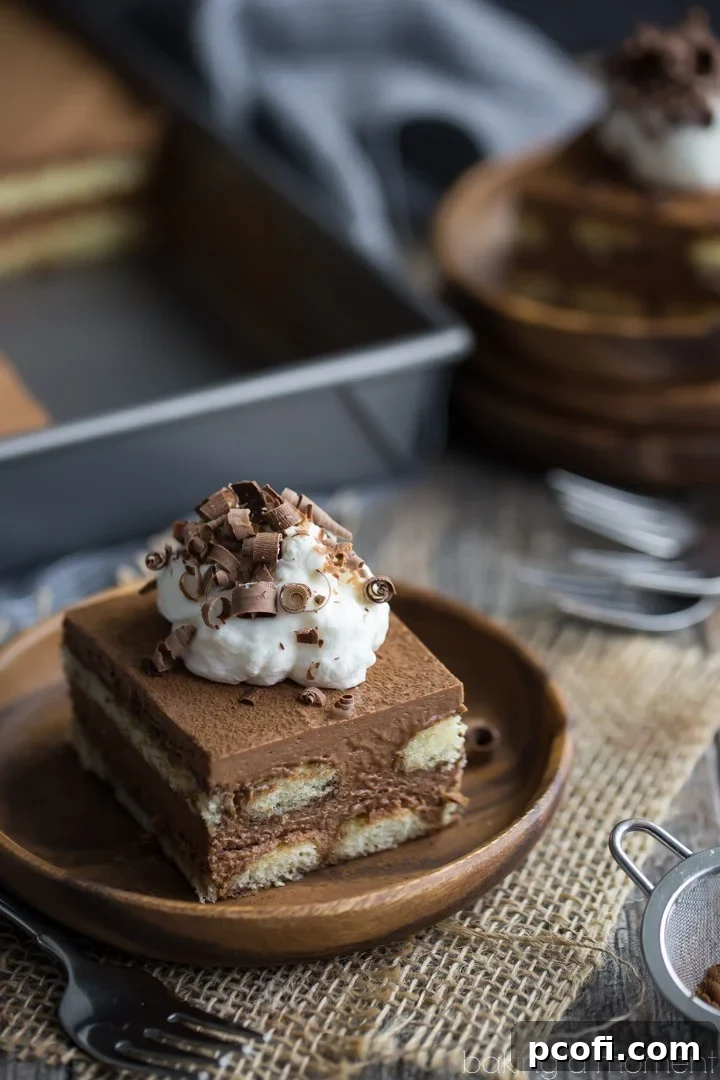 Close-up of the smooth, creamy chocolate mascarpone filling layered over ladyfingers