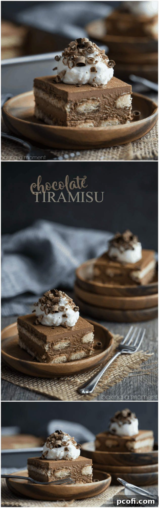 Delicious Chocolate Tiramisu garnished with whipped cream and chocolate curls