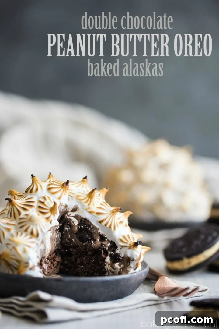 Delicious Baked Alaska with chocolate cake base, peanut butter Oreo ice cream, and perfectly toasted meringue peaks.