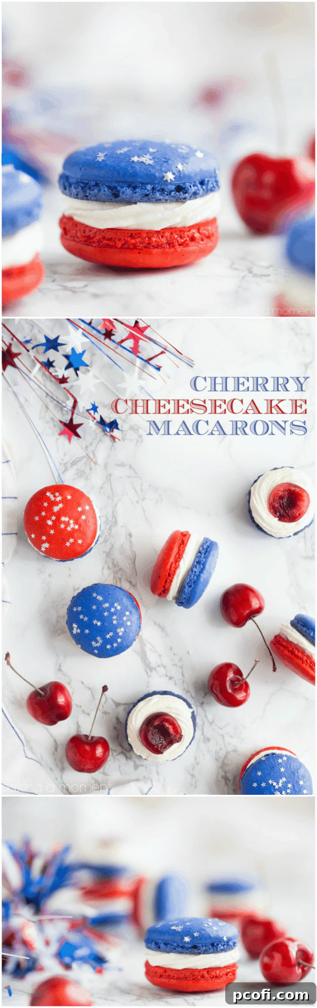 Red, White, and Blue Cherry Cheesecake Macarons: so much fun for a barbecue! Loved the patriotic colors- definitely on my must-make list for Memorial Day or July 4th.