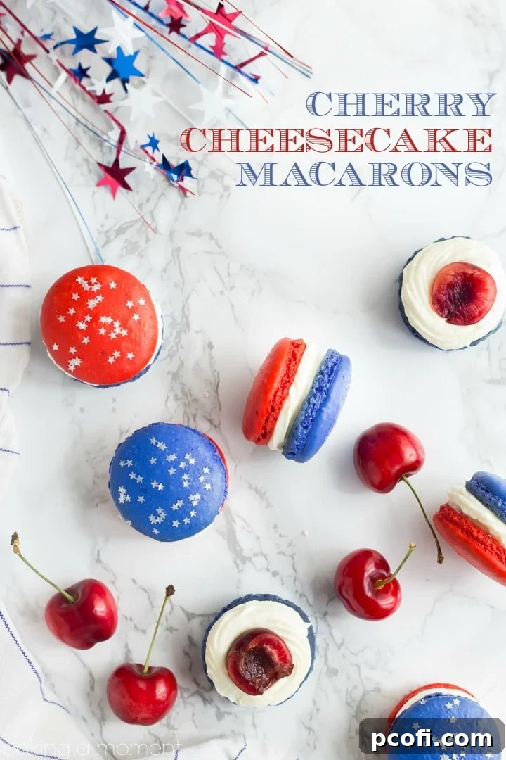 Red, White, and Blue Cherry Cheesecake Macarons, a vibrant dessert ideal for summer barbecues and patriotic holidays like Memorial Day or July 4th.