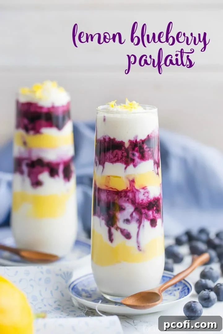 Close-up of a lemon blueberry parfait showcasing the distinct layers of fruit, cream, and lemon curd.