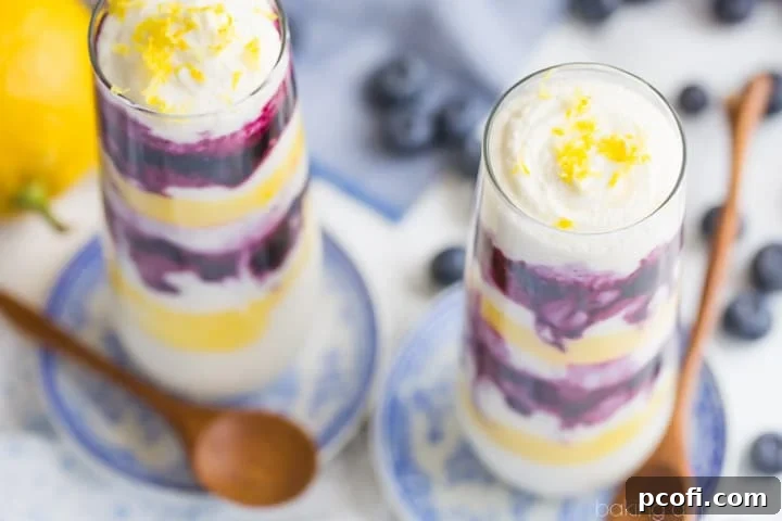 A top-down view of a lemon blueberry parfait, garnished with fresh lemon zest and a blueberry.