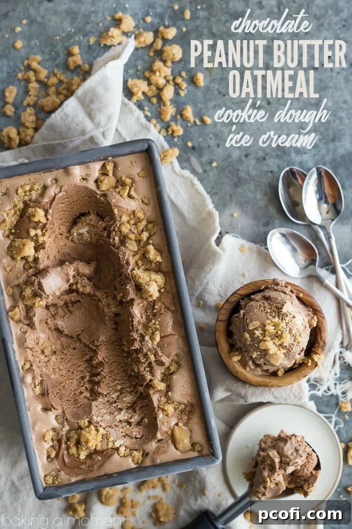 A scoop of homemade chocolate peanut butter oatmeal cookie dough ice cream.