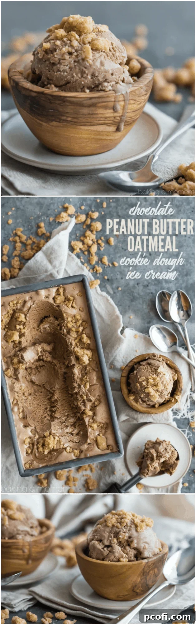 Chocolate Peanut Butter Oatmeal Cookie Dough Ice Cream ready to be served.