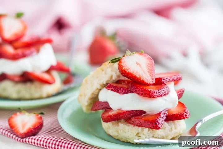 Assembled Strawberry Shortcake with layers of biscuit, strawberries, and whipped cream