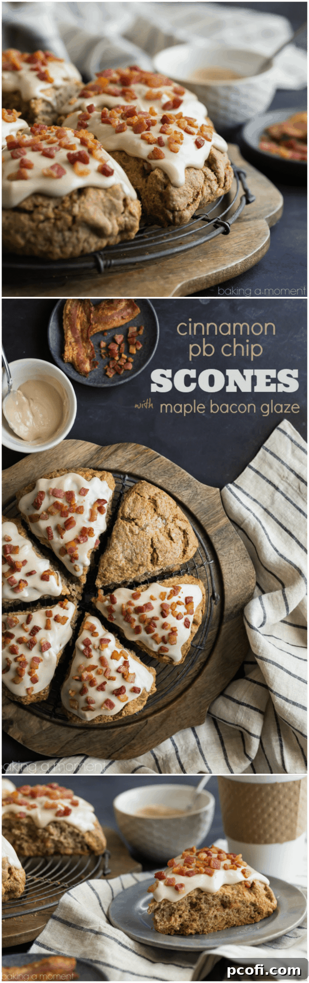 Overhead view of several finished Cinnamon Peanut Butter Chip Scones with Maple Bacon Glaze, showcasing their texture and toppings.