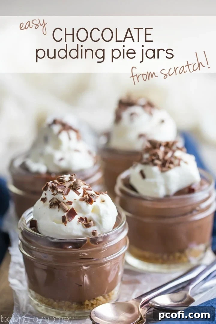 Homemade Chocolate Pudding Pie Jars - layers of creamy chocolate pudding, crunchy graham cracker crust, and fresh whipped cream.