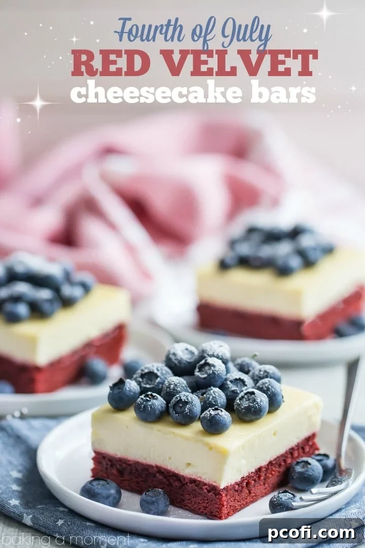 Close-up of three layers: red velvet brownie, creamy vanilla cheesecake, and fresh blueberries, ready for a Fourth of July celebration.