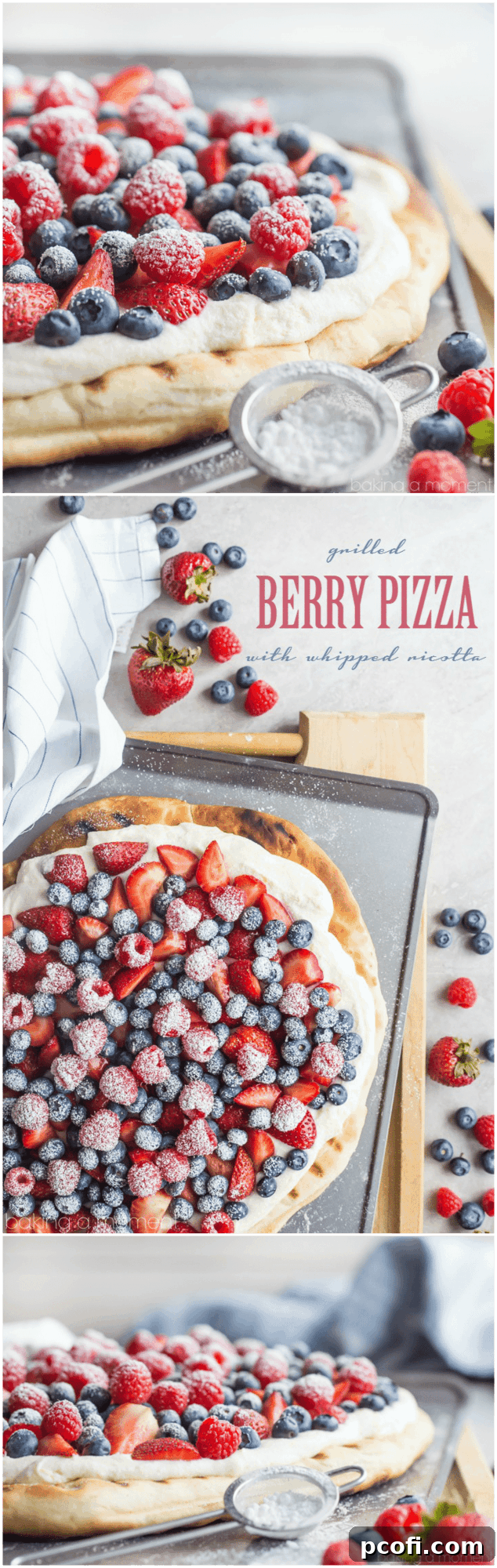 An inviting whole grilled berry pizza, artfully arranged with fresh strawberries, blueberries, and raspberries over a creamy whipped ricotta base, ready to be sliced and shared.