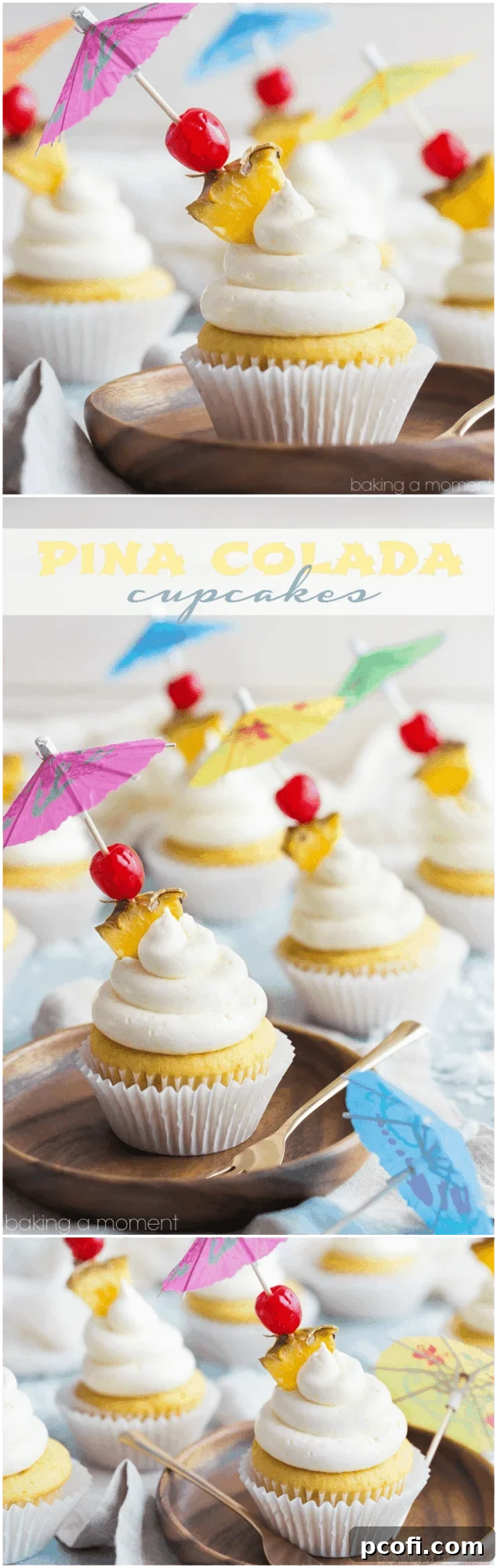 A beautifully composed flat lay of three Pina Colada cupcakes, ingredients, and a cocktail glass with a drink, creating a vibrant and inviting scene for a tropical dessert.