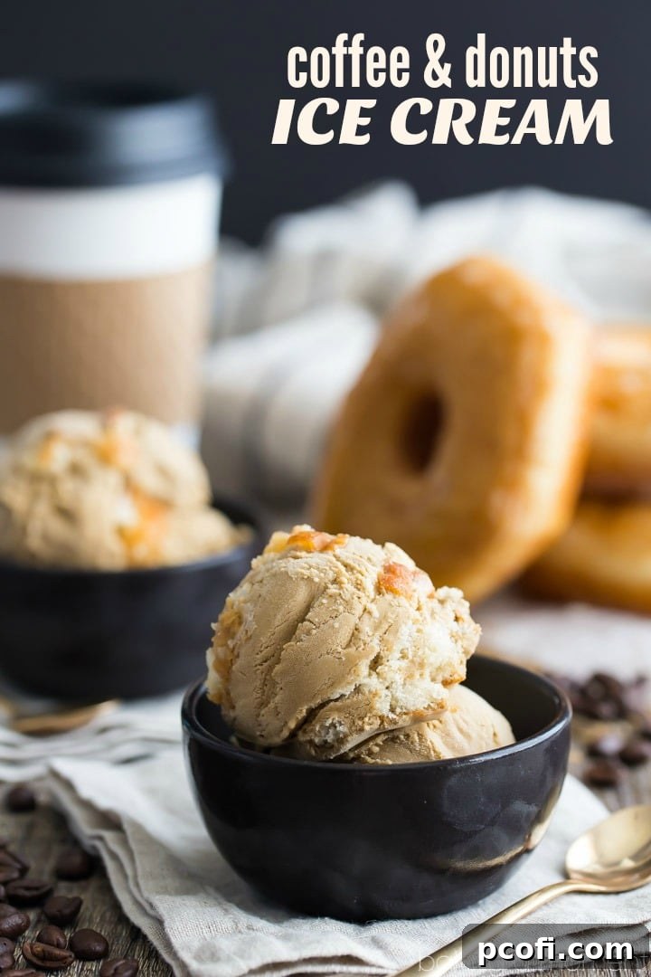 Delicious Coffee and Donuts Ice Cream in a bowl, showcasing its creamy texture and donut pieces.