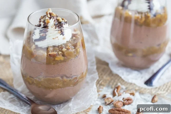 Overhead shot of German Chocolate Cheesecake Mousse with garnishes