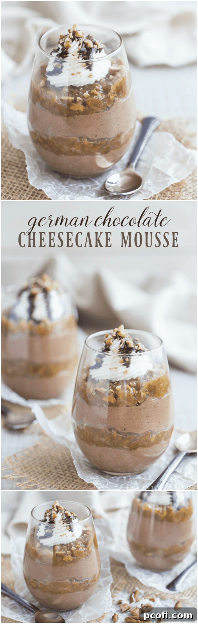 German Chocolate Cheesecake Mousse- fluffy chocolate no-bake cheesecake, layered with a buttery coconut-pecan caramel. Oh my! 