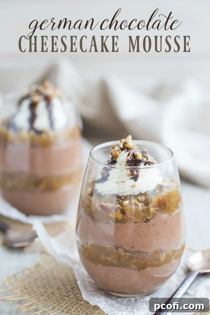 Close-up of German Chocolate Cheesecake Mousse in a glass, showing layers