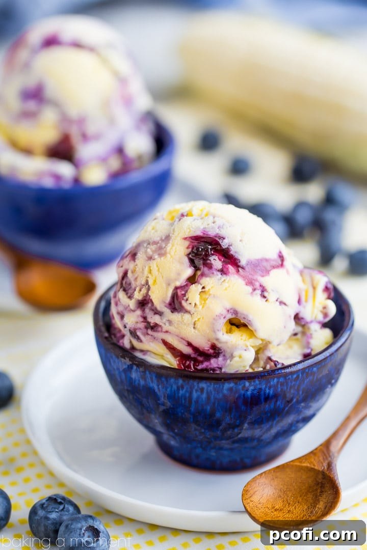 Sweet Corn Ice Cream with Blueberry Swirl - perfectly swirled and ready to be enjoyed