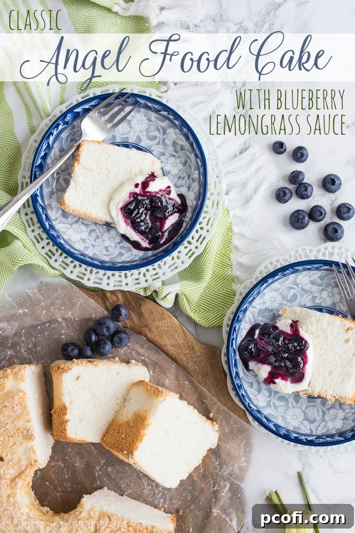 Classic Angel Food Cake: perfectly sweet & light as a cloud, served with fresh whipped cream and a citrus-y blueberry lemongrass topping.