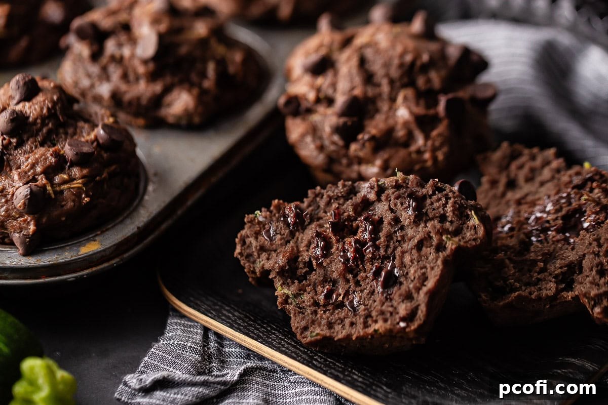 A chocolate zucchini muffin split vertically to show off its shape and all the pockets of melted chocolate running throughout.