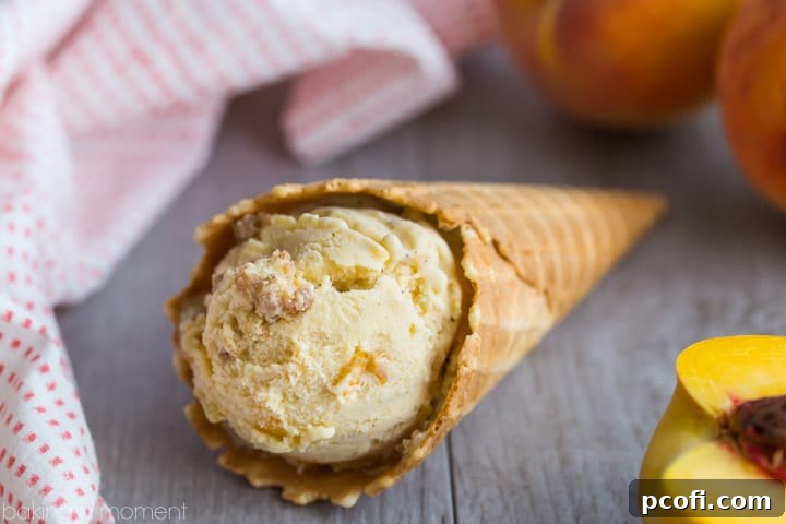 Brown Butter Peach Crumble Ice Cream - A wider shot showing a serving bowl with ice cream and a spoon.
