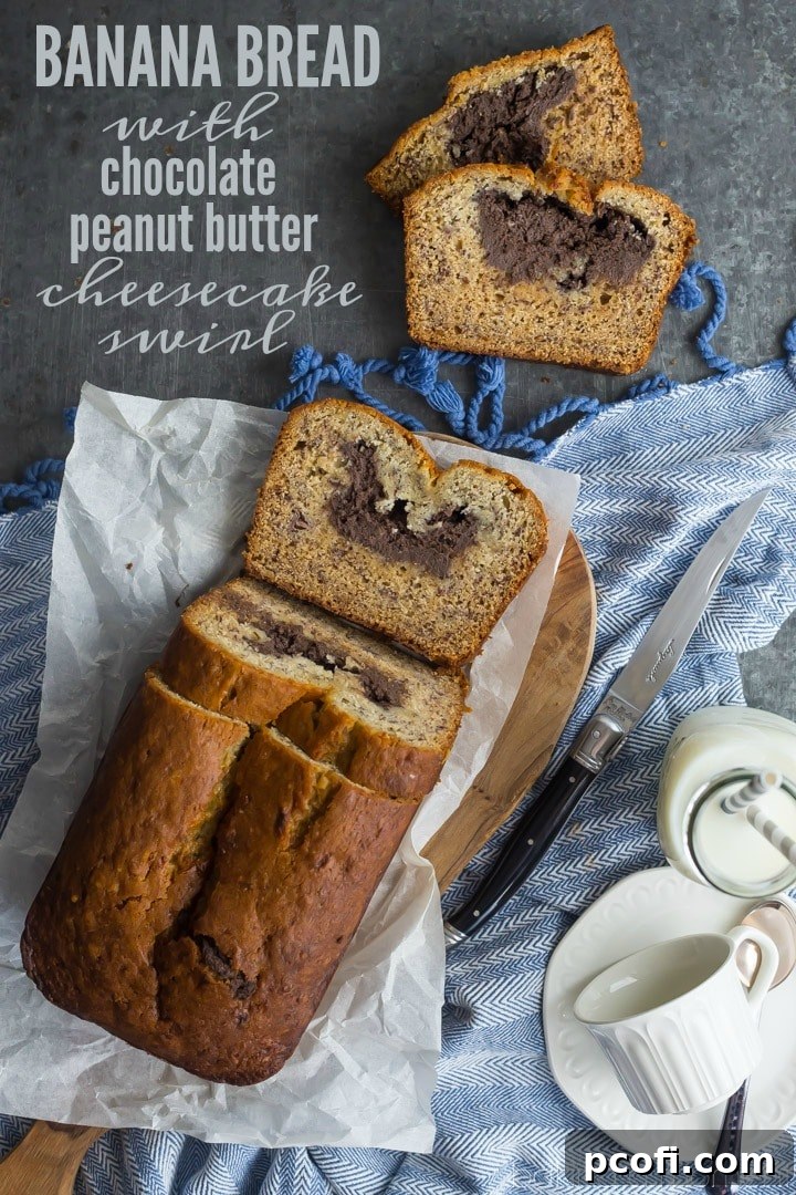 Chocolate Peanut Butter Cheesecake Stuffed Banana Bread- the BEST banana bread I've ever had, and that filling is to-die-for! 