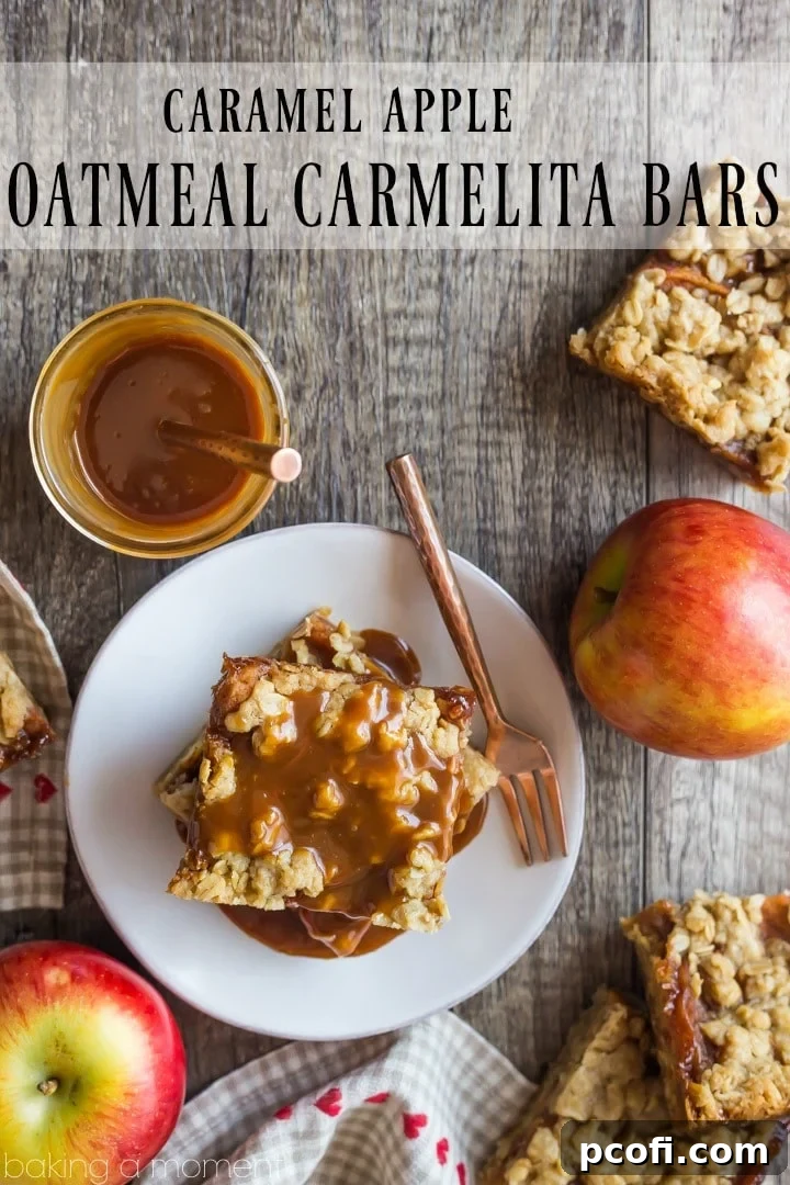 Close-up shot of a single Caramel Apple Oatmeal Carmelita Bar, showing the distinct layers of oatmeal crust, apple filling, and caramel drizzle.