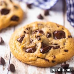 Close up image of a chocolate chip cookie on a distressed white table, surrounded by chocolate chips.