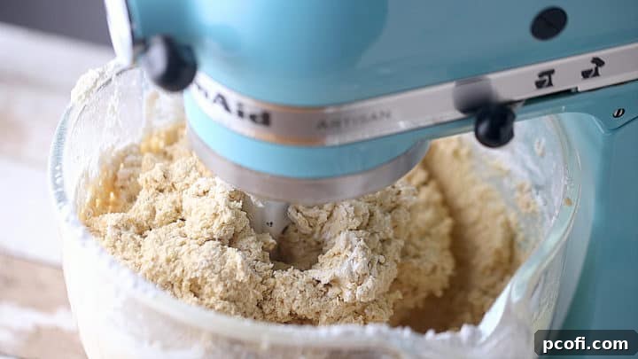 Properly mixed cookie dough in a stand mixer, with chocolate chips visible.