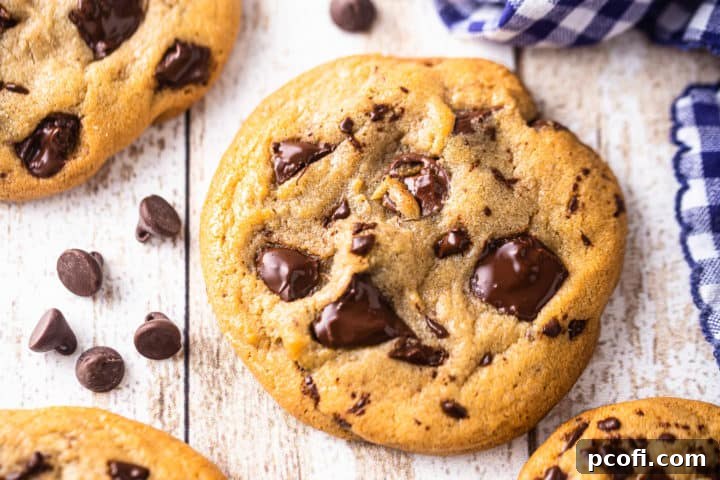 Overhead image of my favorite chocolate chip cookie recipe, baked and presented on a serving board with a blue checked cloth.