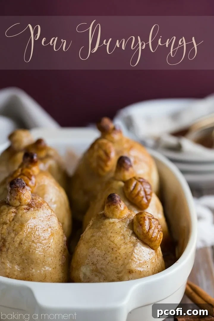 Golden-baked pear dumplings with tender pastry and a rich cinnamon syrup, ready to be served warm.
