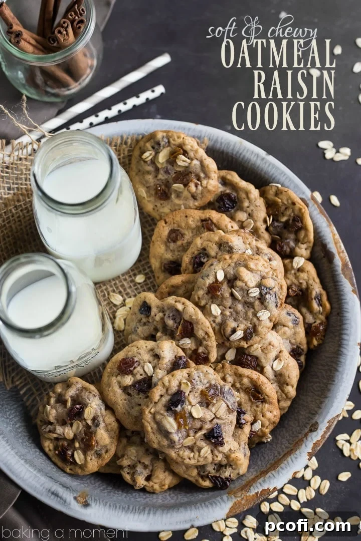 Irresistibly soft and chewy oatmeal raisin cookies, generously filled with plump, sweet raisins and fragrant cinnamon.
