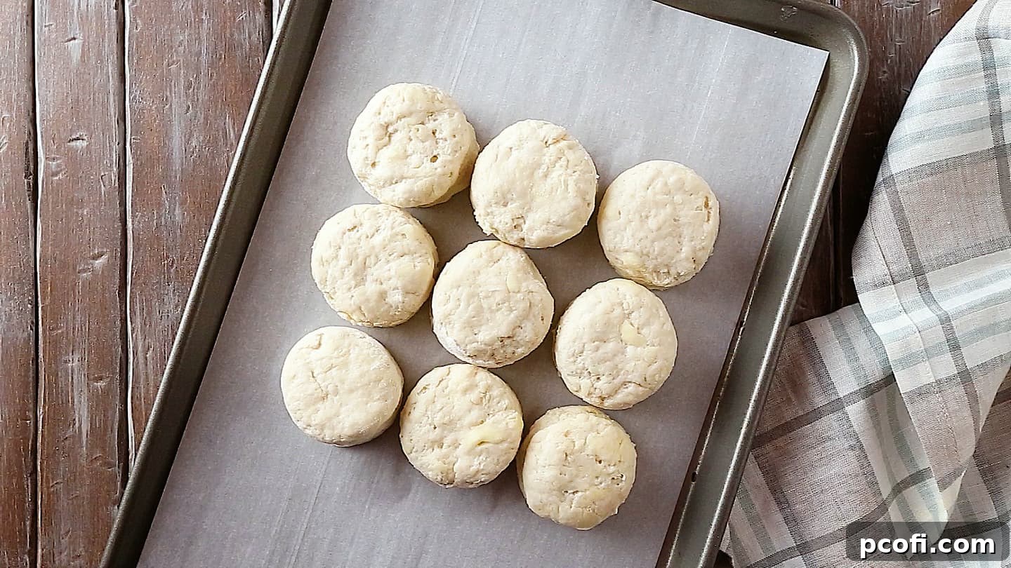 Homemade biscuits on a parchment-lined baking sheet.