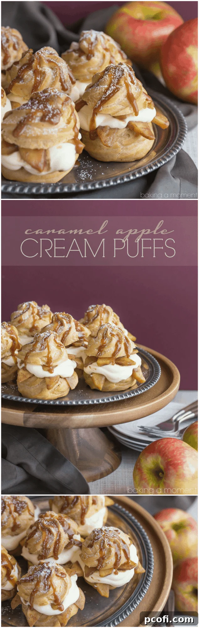 Stacked Caramel Apple Cream Puffs with a close-up on the rich caramel drizzle and fresh apple slices.