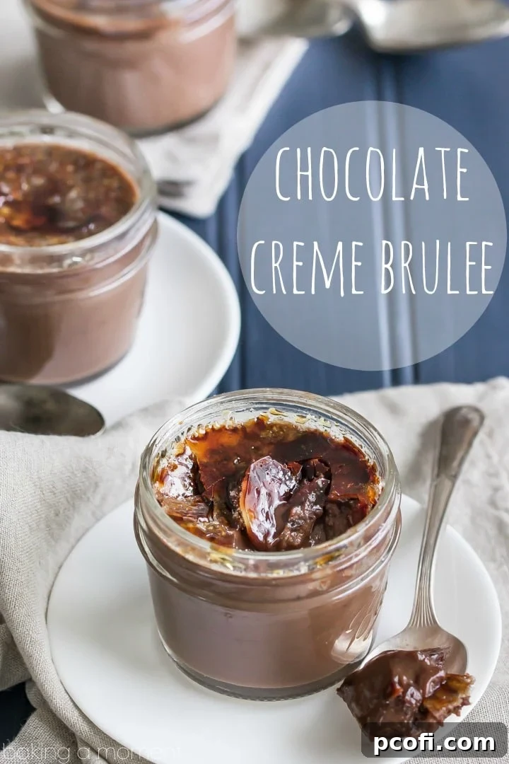 Chocolate creme brulee in elegant serving dishes with a spoon ready to crack the sugar top