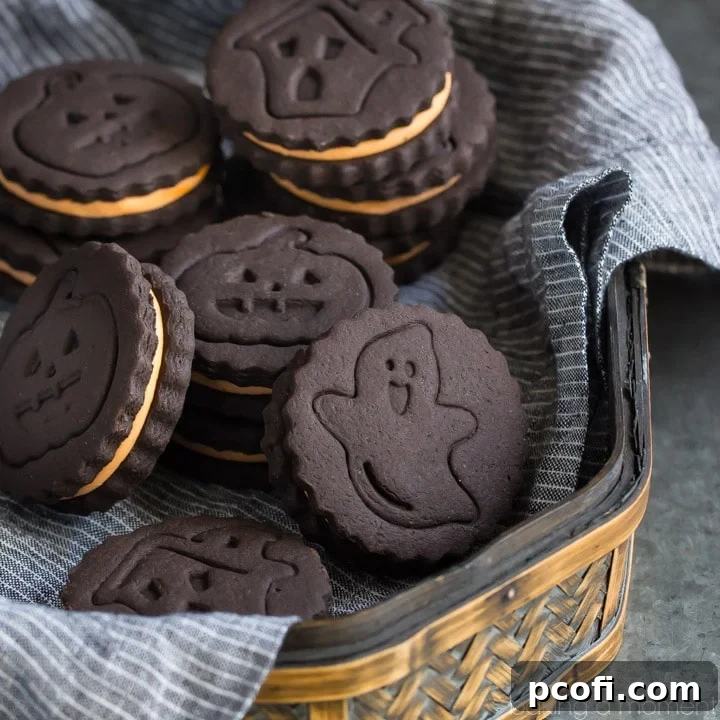 Delicious homemade Halloween Oreos with orange cream filling on a rustic wooden surface, perfect for a festive treat