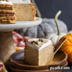 Pumpkin Crepe Cake: layer upon layer of lacy crepes, filled with a fluffy, cinnamon-spiced pumpkin pastry cream. The salted caramel and pepita garnish took this completely over-the-top! Definitely making this again for Thanksgiving.